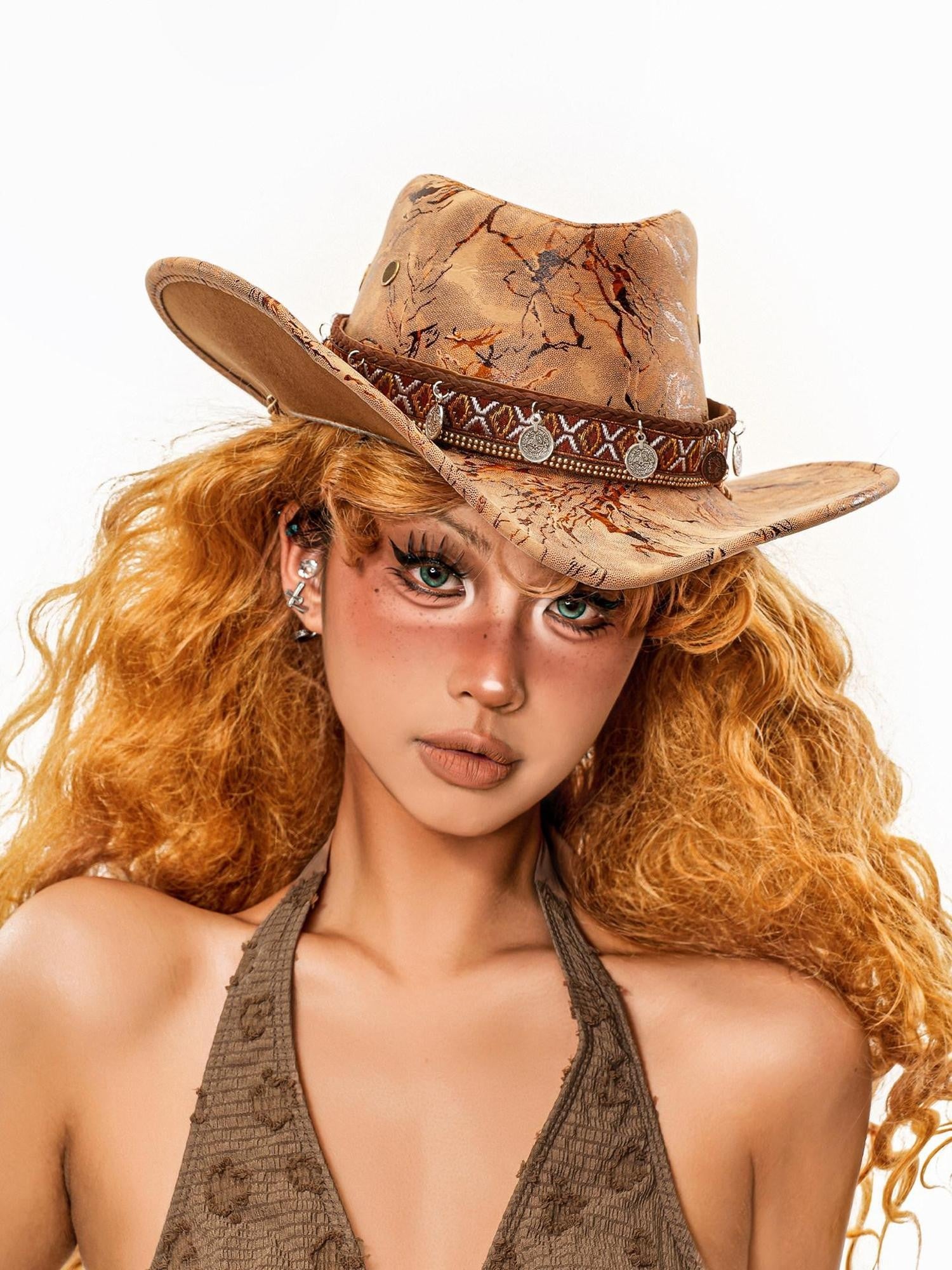 sugartiger Caramel Leopard Print Coin Tassel Tibetan Ethnic Wide Brim Women's Cowboy Hats