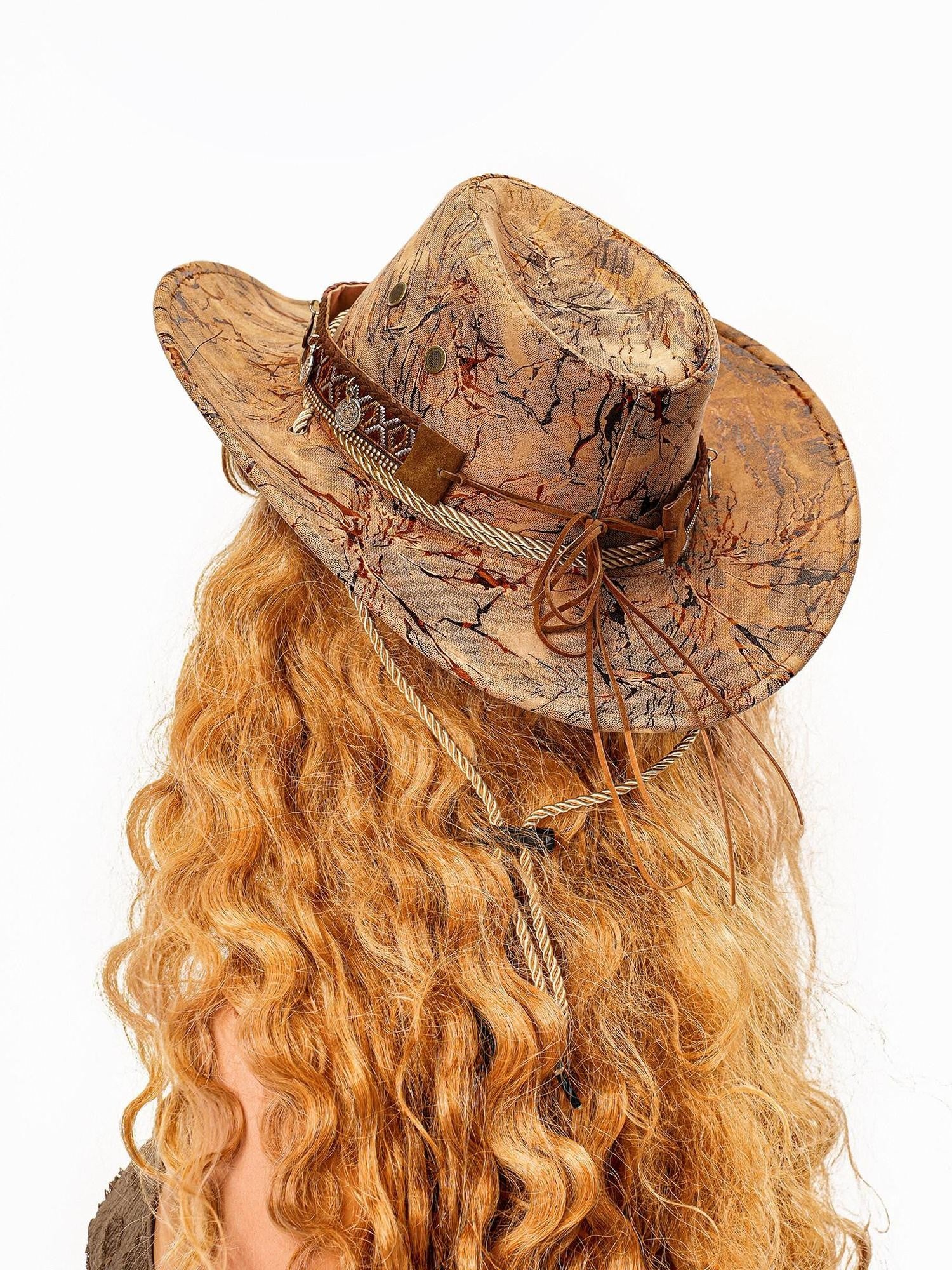 sugartiger Caramel Leopard Print Coin Tassel Tibetan Ethnic Wide Brim Women's Cowboy Hats