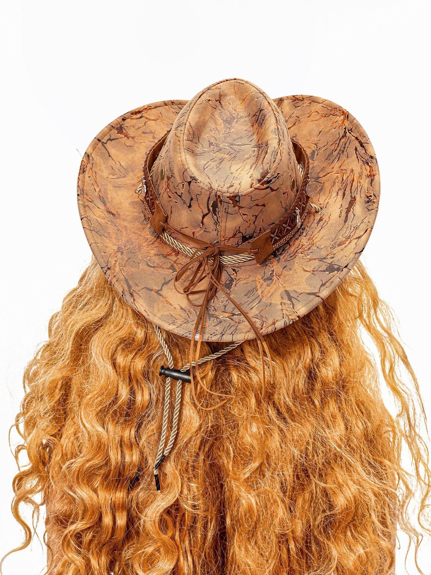 sugartiger Caramel Leopard Print Coin Tassel Tibetan Ethnic Wide Brim Women's Cowboy Hats