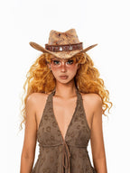 sugartiger Caramel Leopard Print Coin Tassel Tibetan Ethnic Wide Brim Women's Cowboy Hats
