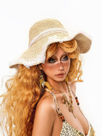 sugartiger Caramel Leopard Print Lace Trim Wide Brim Women's Straw Sun Hats