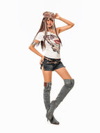 sugartiger Caramel Leopard Print Studded Patchwork Metal Pin Buckle Women's Printed Belts