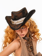 sugartiger Caramel Leopard Print Vintage Distressed Wide Brim Flat Top Women's Cowboy Hats