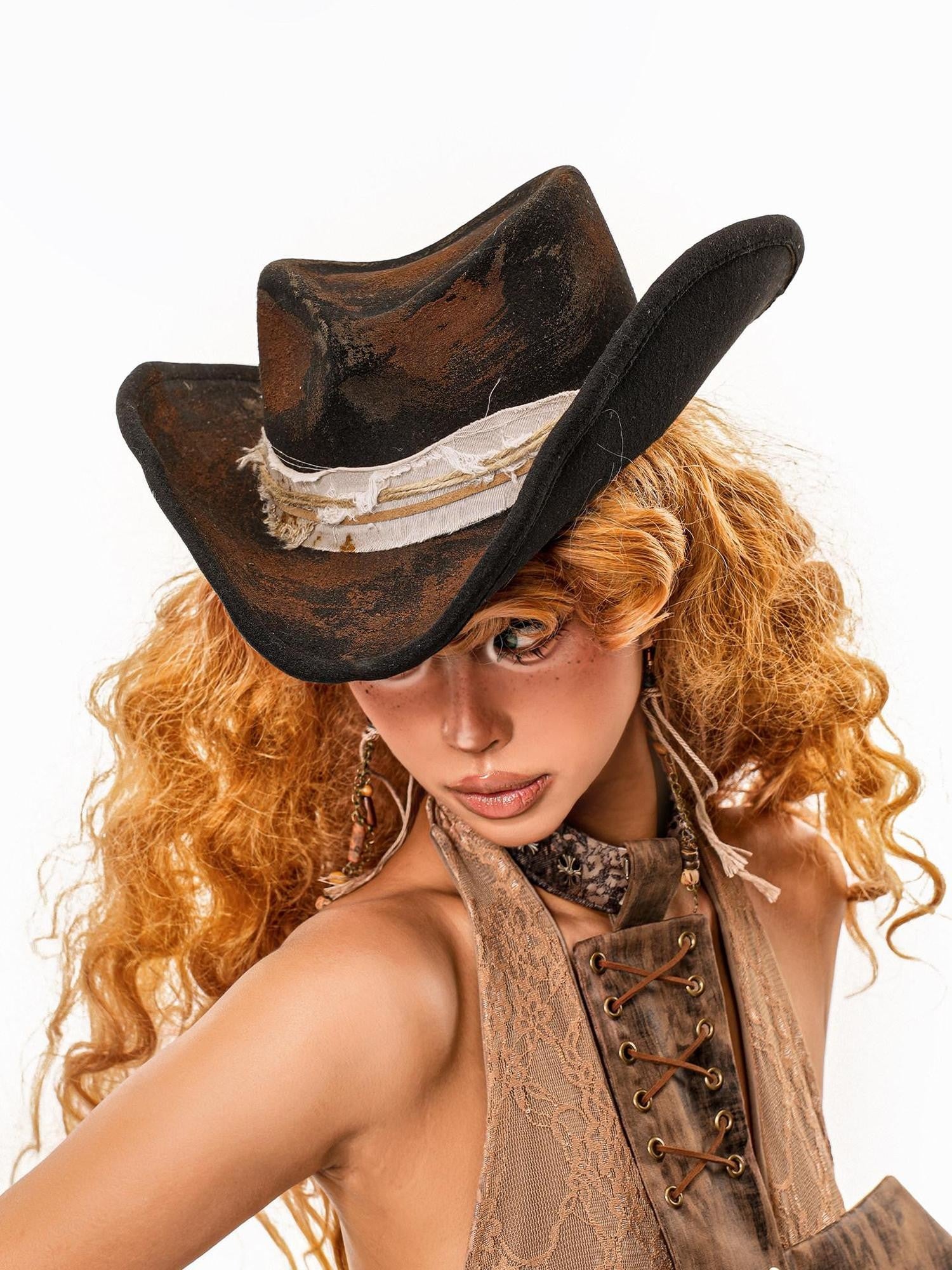 sugartiger Caramel Leopard Print Vintage Distressed Wide Brim Flat Top Women's Cowboy Hats