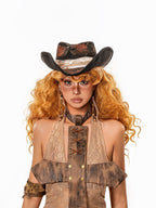 sugartiger Caramel Leopard Print Vintage Distressed Wide Brim Flat Top Women's Cowboy Hats