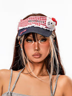 sugartiger Caramel Leopard Red Plaid Cat Patch Open Top Cutout Wide Brim Women's Sun Hats