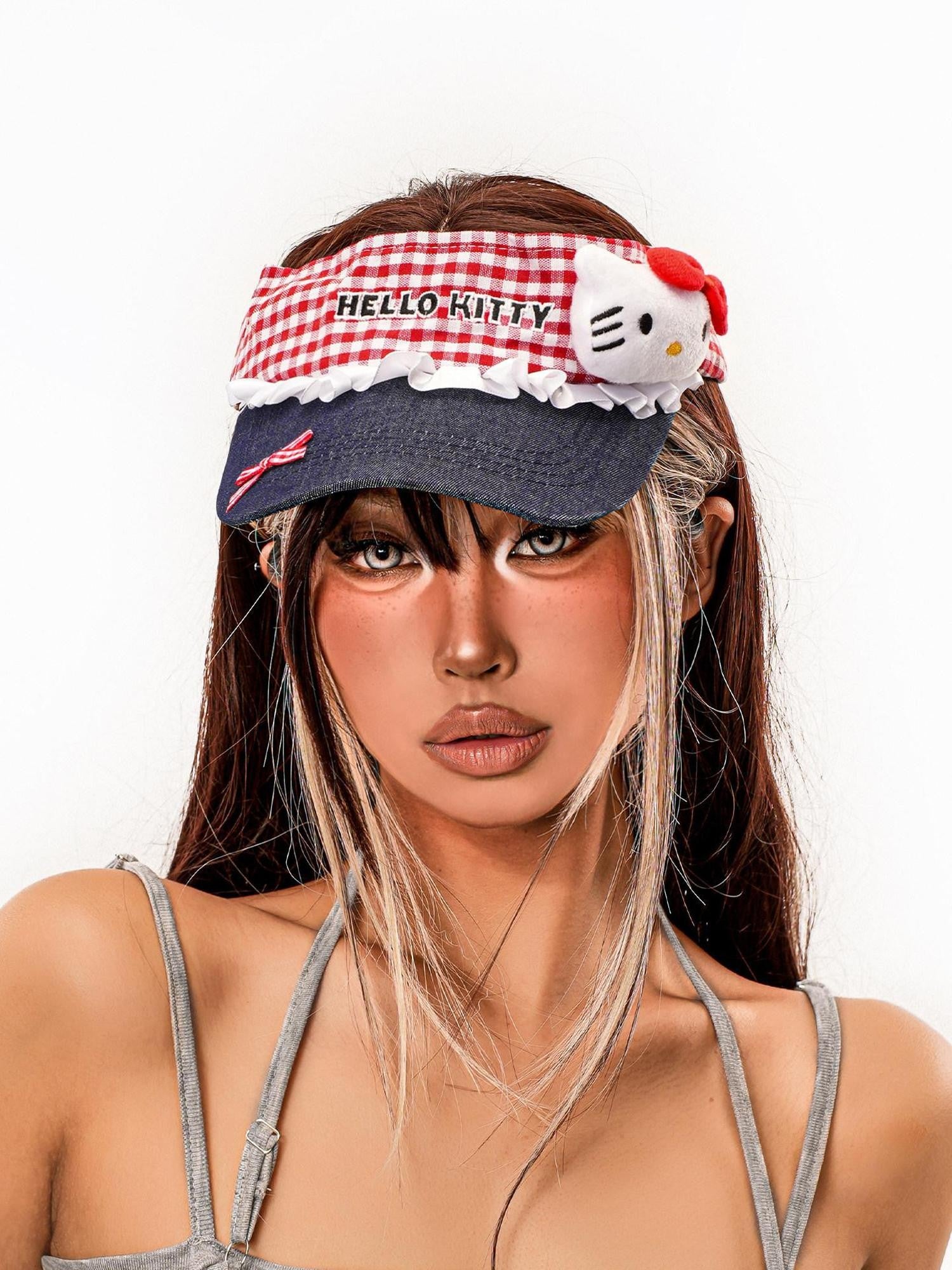 sugartiger Caramel Leopard Red Plaid Cat Patch Open Top Cutout Wide Brim Women's Sun Hats