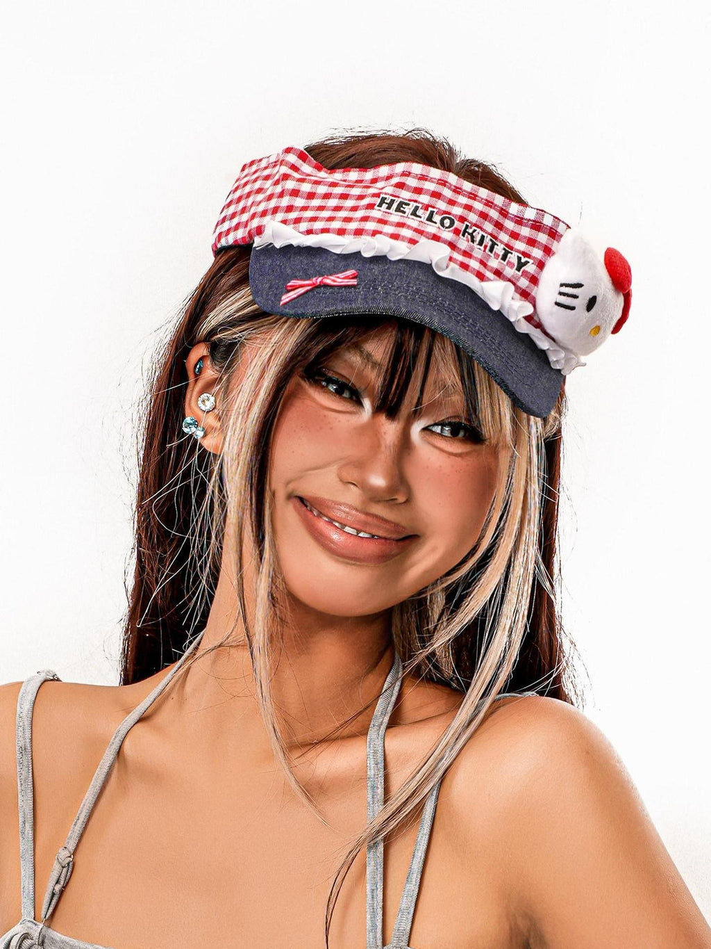 sugartiger Caramel Leopard Red Plaid Cat Patch Open Top Cutout Wide Brim Women's Sun Hats