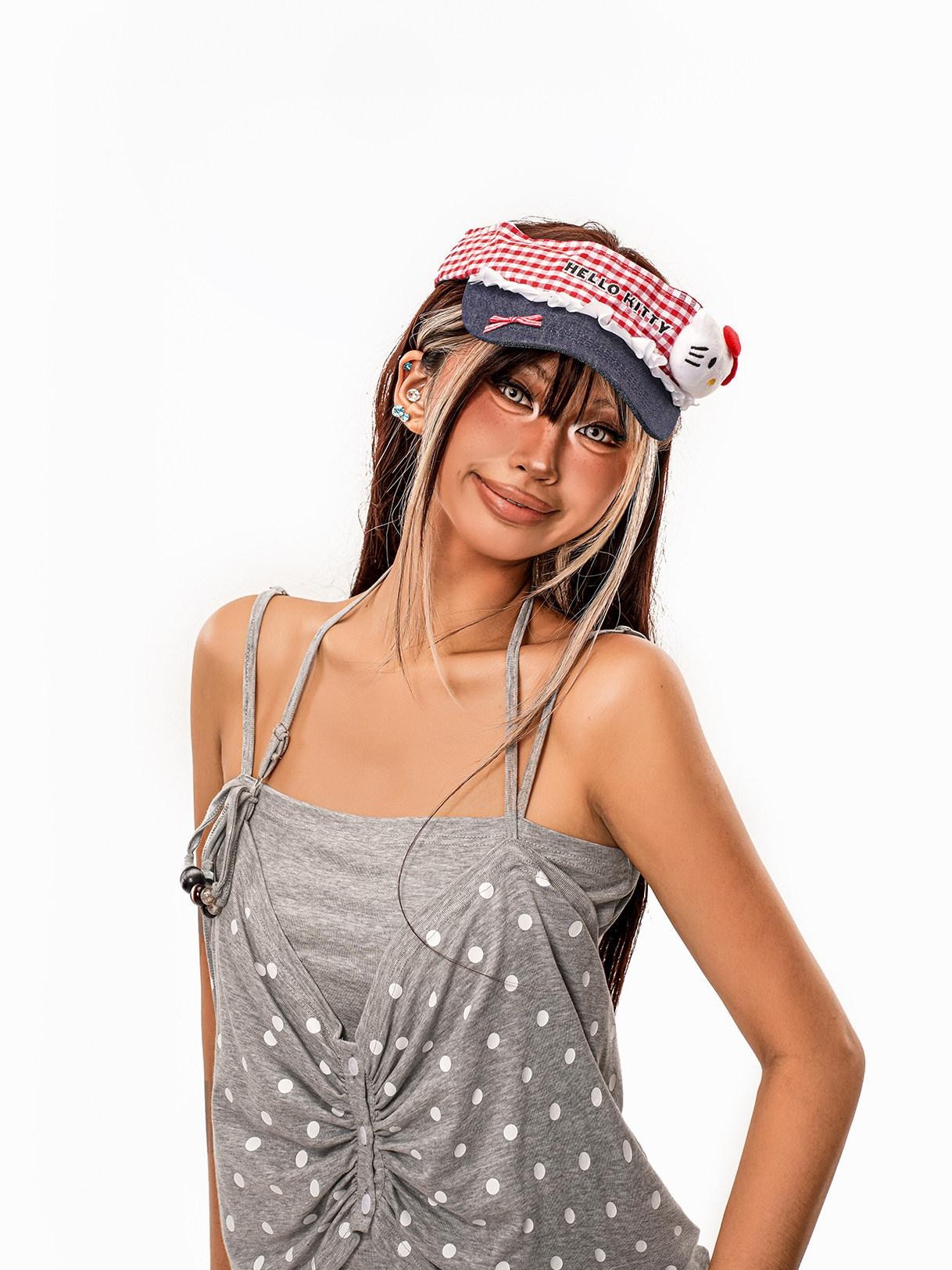 sugartiger Caramel Leopard Red Plaid Cat Patch Open Top Cutout Wide Brim Women's Sun Hats