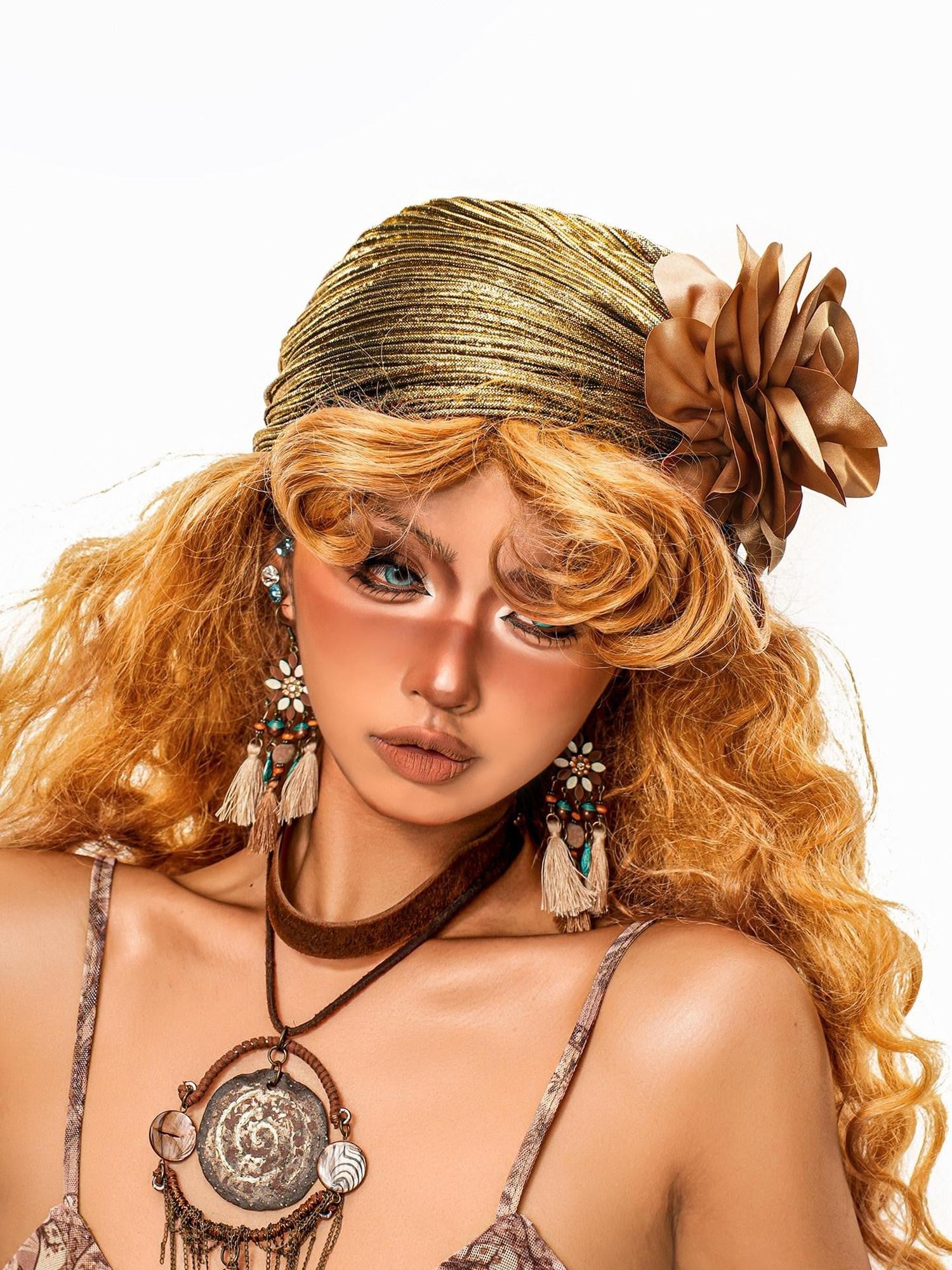 sugartiger Caramel Leopard Ruched Foil Stamped 3d Floral Women's Lurex Hair Accessories