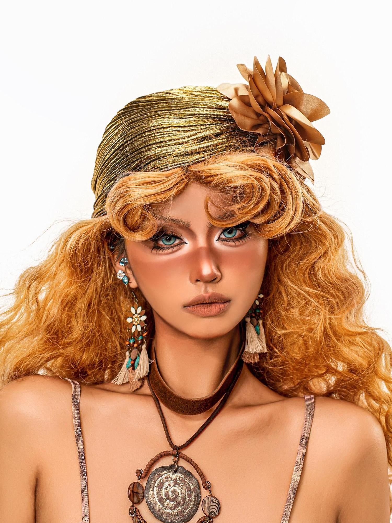 sugartiger Caramel Leopard Ruched Foil Stamped 3d Floral Women's Lurex Hair Accessories