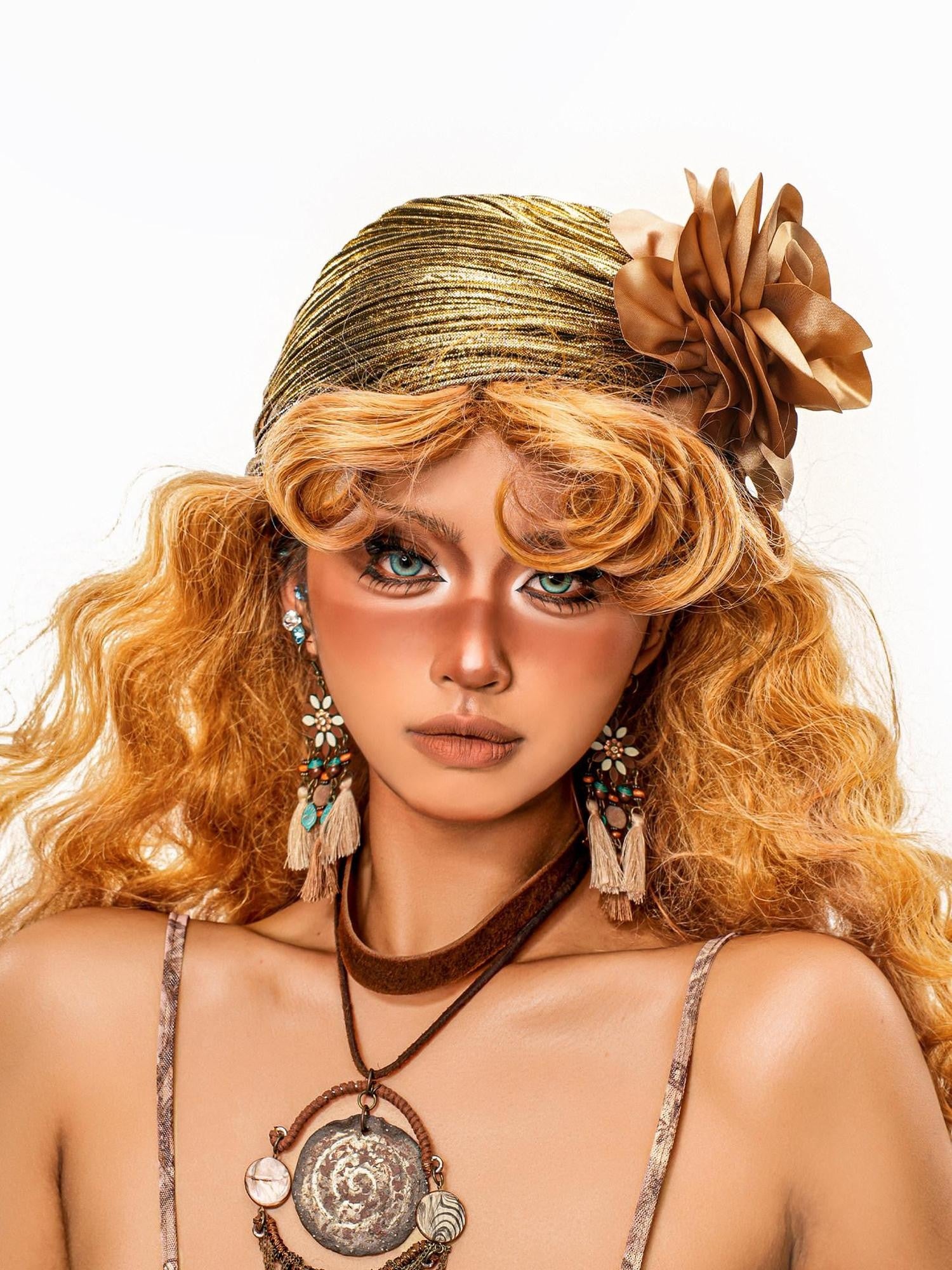 sugartiger Caramel Leopard Ruched Foil Stamped 3d Floral Women's Lurex Hair Accessories