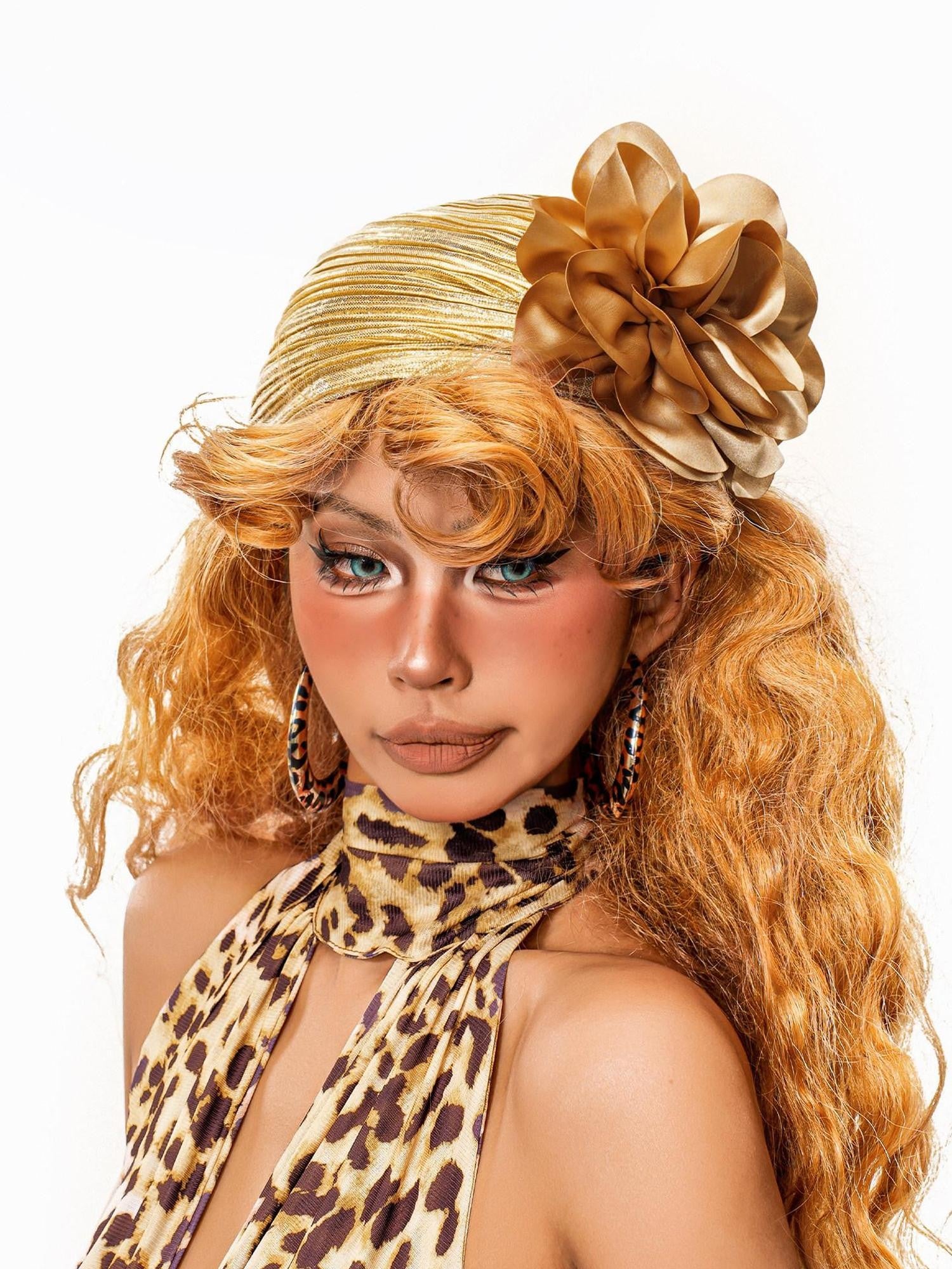 sugartiger Caramel Leopard Ruched Gold Foil Floral Applique Women's Fedoras