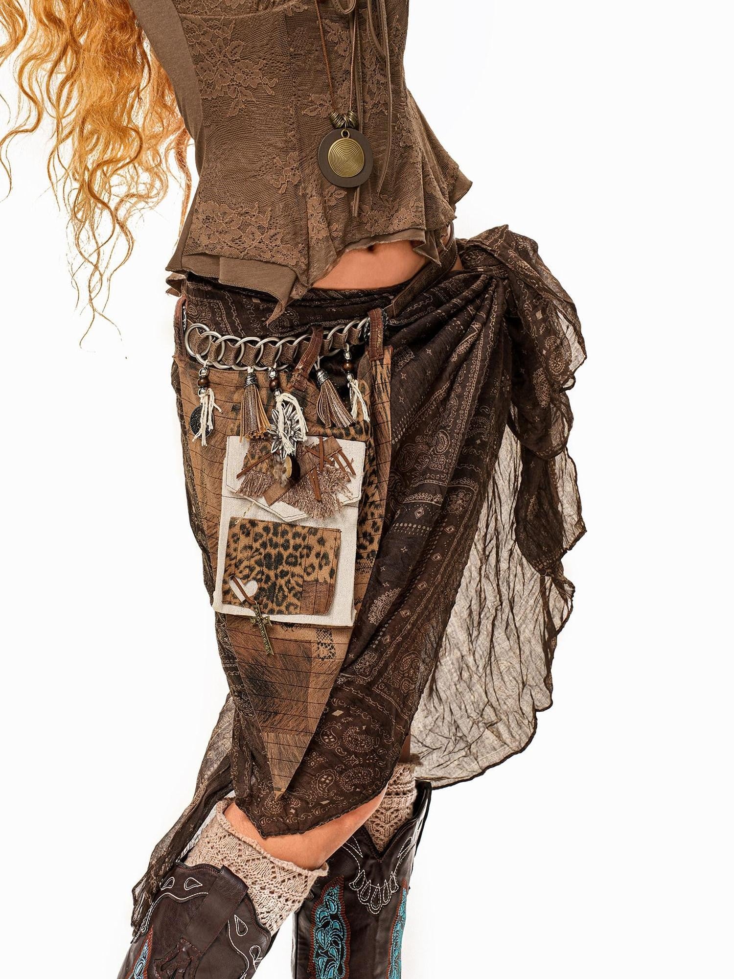 sugartiger Caramel Leopard Spliced Fringe Distressed Hippie Punk Women's Brown Belts