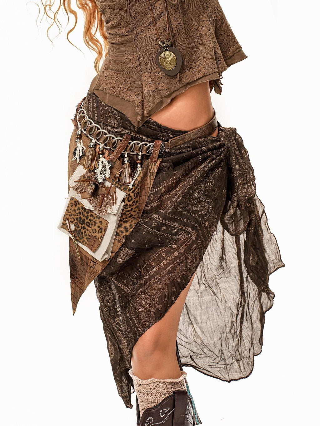 sugartiger Caramel Leopard Spliced Fringe Distressed Hippie Punk Women's Brown Belts
