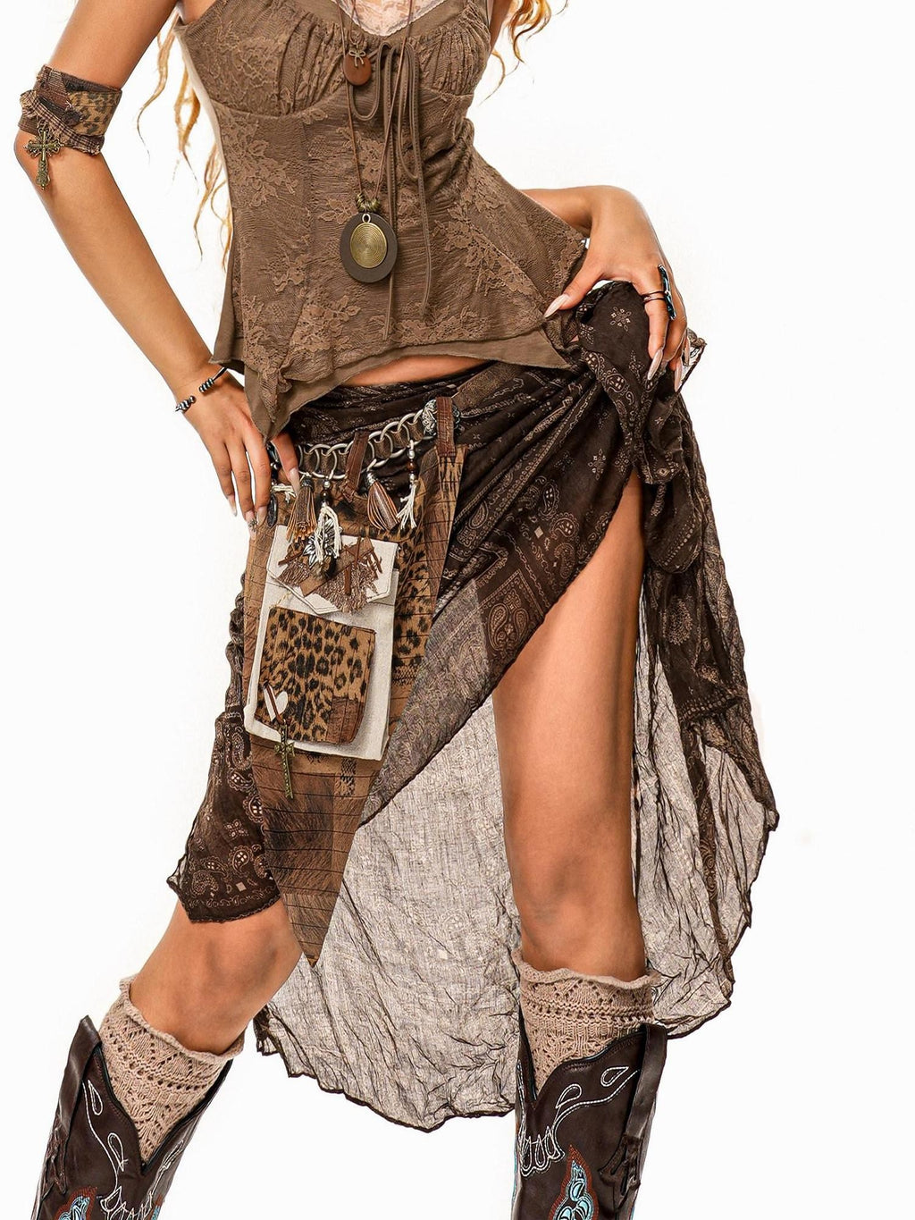 sugartiger Caramel Leopard Spliced Fringe Distressed Hippie Punk Women's Brown Belts