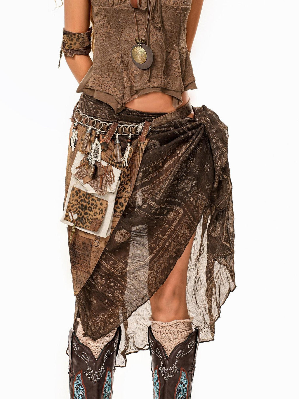 sugartiger Caramel Leopard Spliced Fringe Distressed Hippie Punk Women's Brown Belts