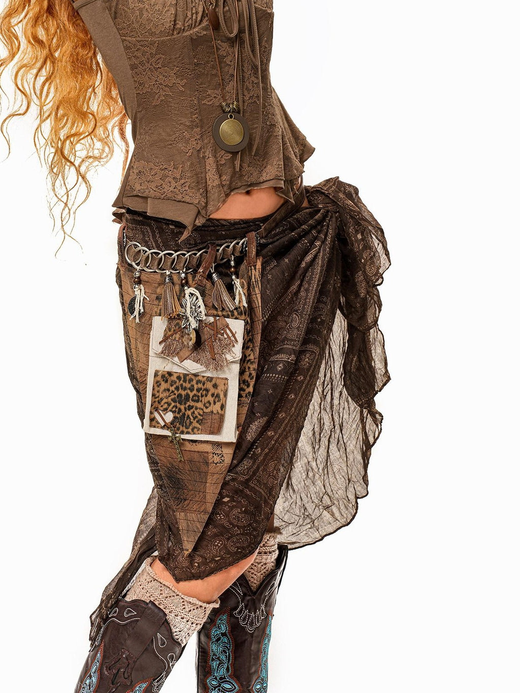sugartiger Caramel Leopard Spliced Fringe Distressed Hippie Punk Women's Brown Belts