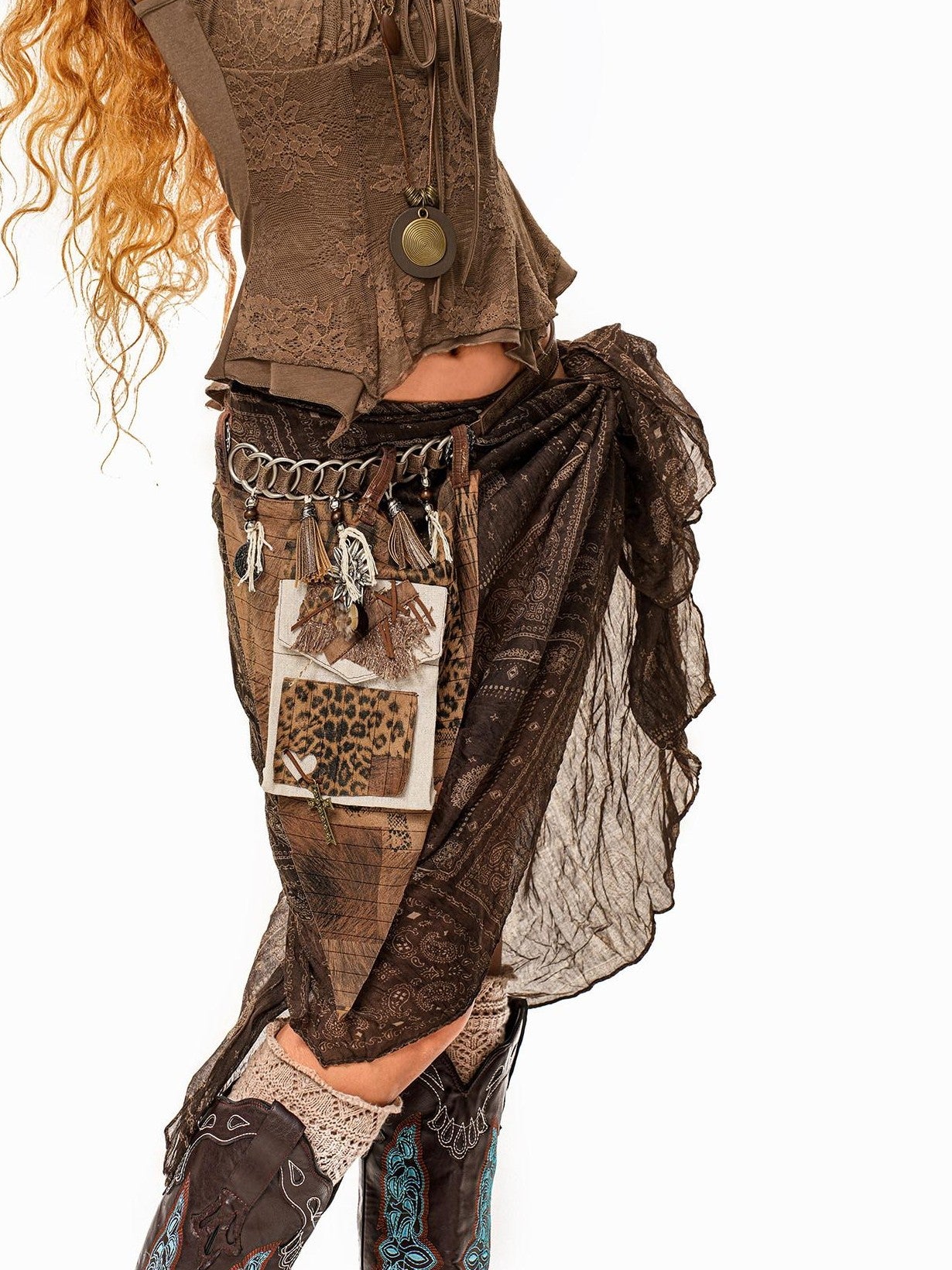 sugartiger Caramel Leopard Spliced Fringe Distressed Hippie Punk Women's Brown Belts