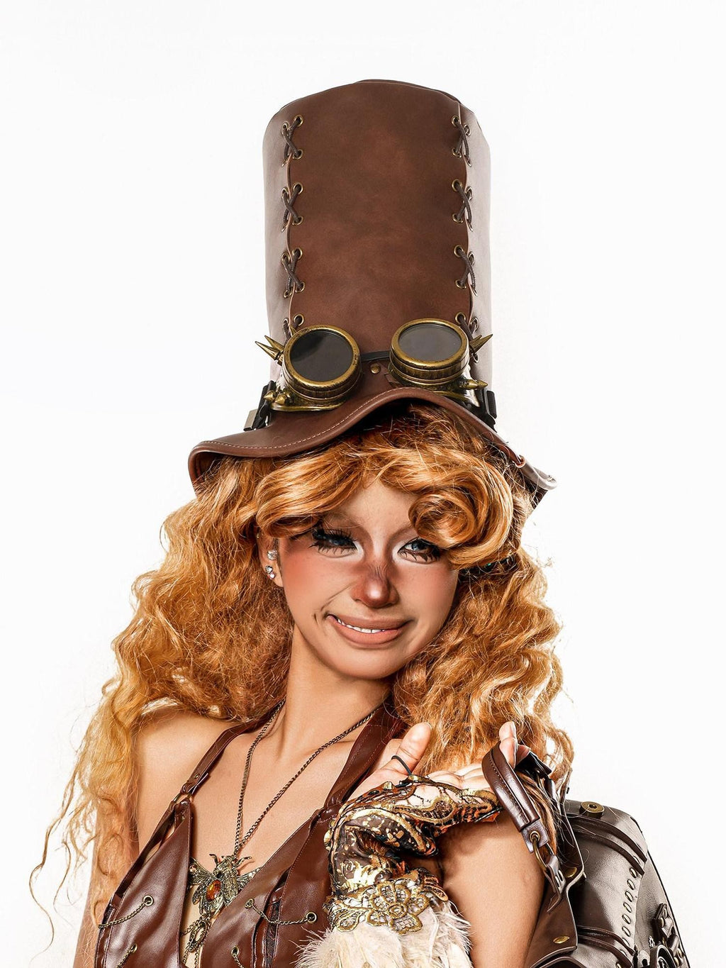 sugartiger Caramel Leopard Steampunk Goggles Knight Top Hat Women's Leather Hats