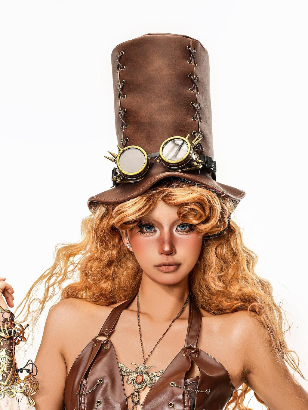 sugartiger Caramel Leopard Steampunk Goggles Knight Top Hat Women's Leather Hats