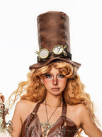 sugartiger Caramel Leopard Steampunk Goggles Knight Top Hat Women's Leather Hats