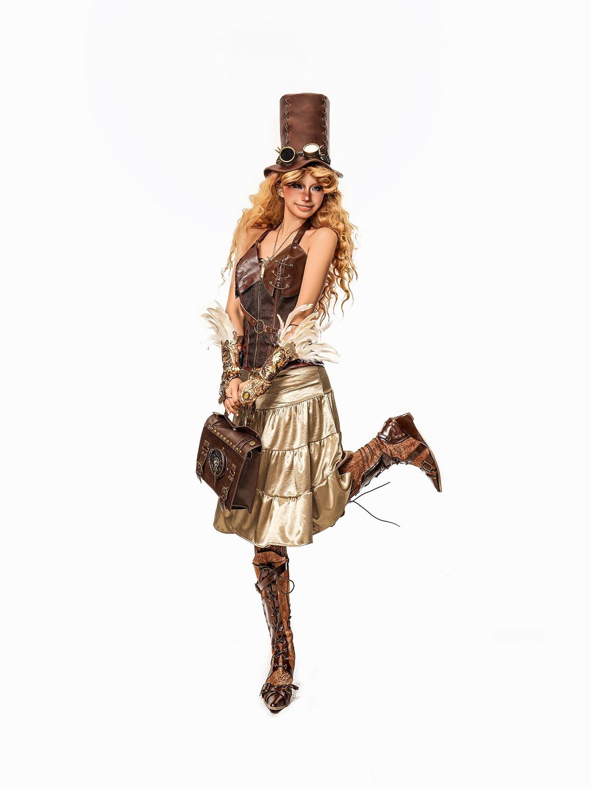 sugartiger Caramel Leopard Steampunk Goggles Knight Top Hat Women's Leather Hats