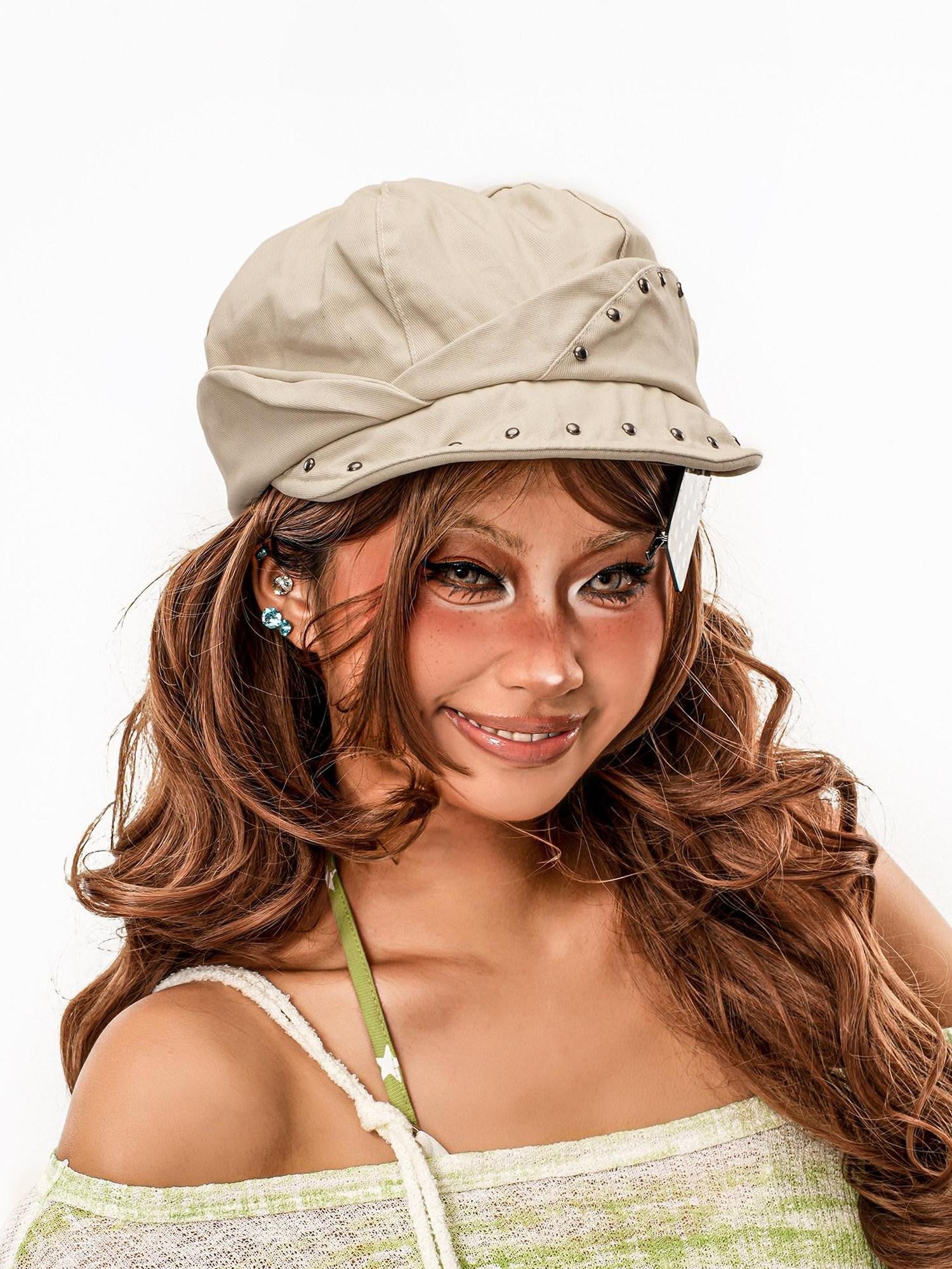 sugartiger Caramel Leopard Studded Irregular Patchwork Octagonal Newsboy Women's Berets