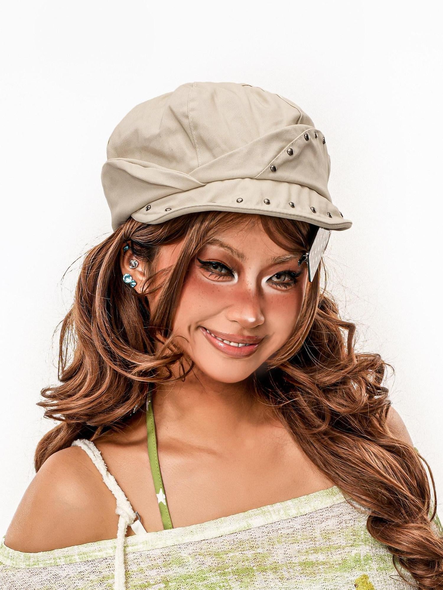 sugartiger Caramel Leopard Studded Irregular Patchwork Octagonal Newsboy Women's Berets