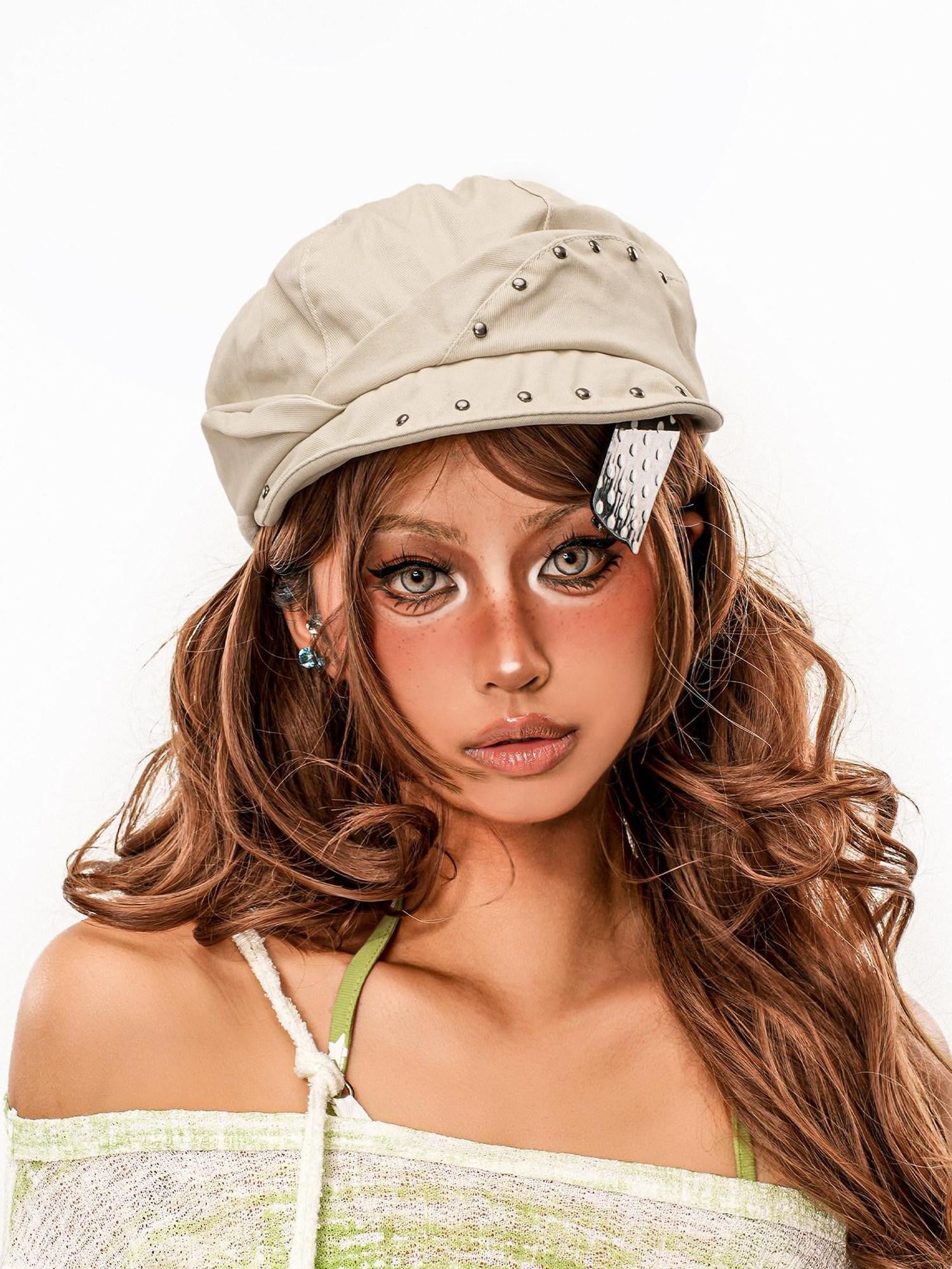 sugartiger Caramel Leopard Studded Irregular Patchwork Octagonal Newsboy Women's Berets