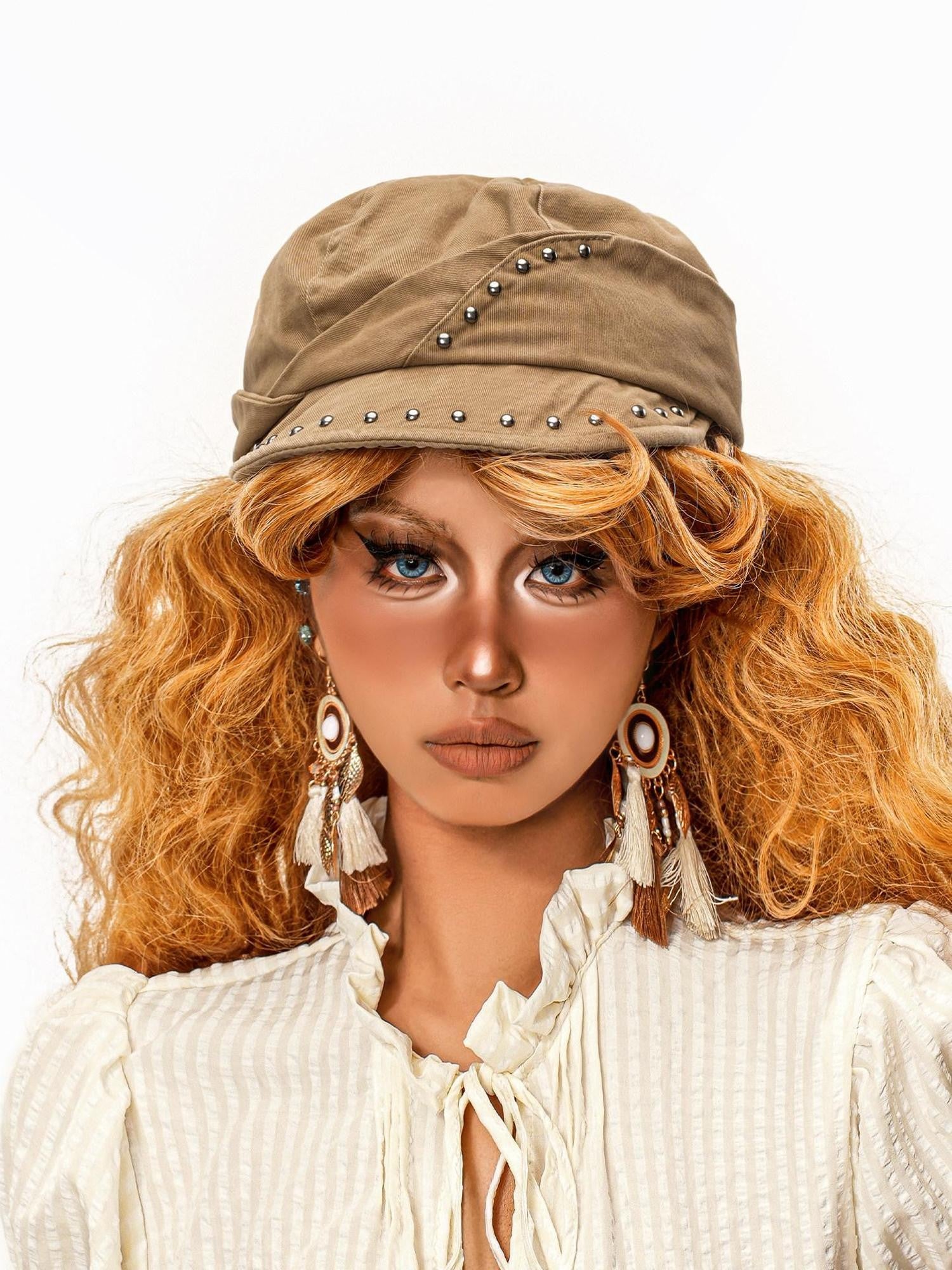 sugartiger Caramel Leopard Studded Patchwork Vintage Octagonal Women's Berets