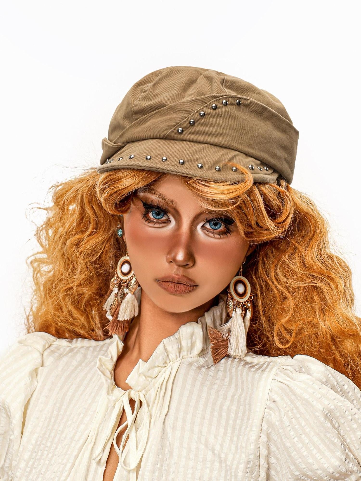 sugartiger Caramel Leopard Studded Patchwork Vintage Octagonal Women's Berets