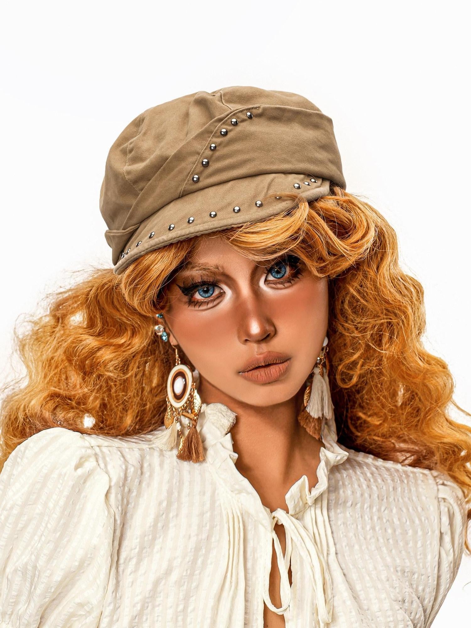 sugartiger Caramel Leopard Studded Patchwork Vintage Octagonal Women's Berets