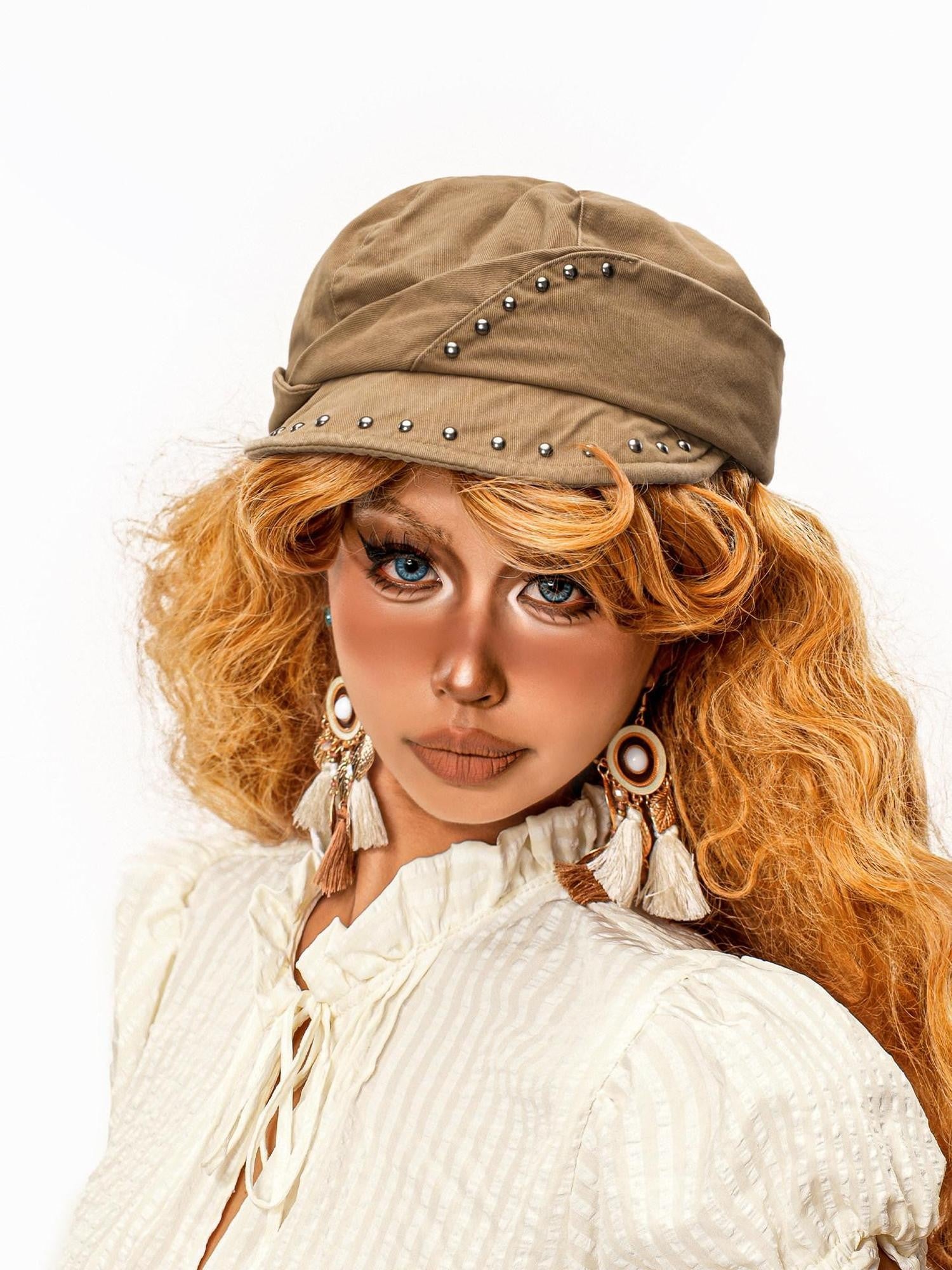 sugartiger Caramel Leopard Studded Patchwork Vintage Octagonal Women's Berets