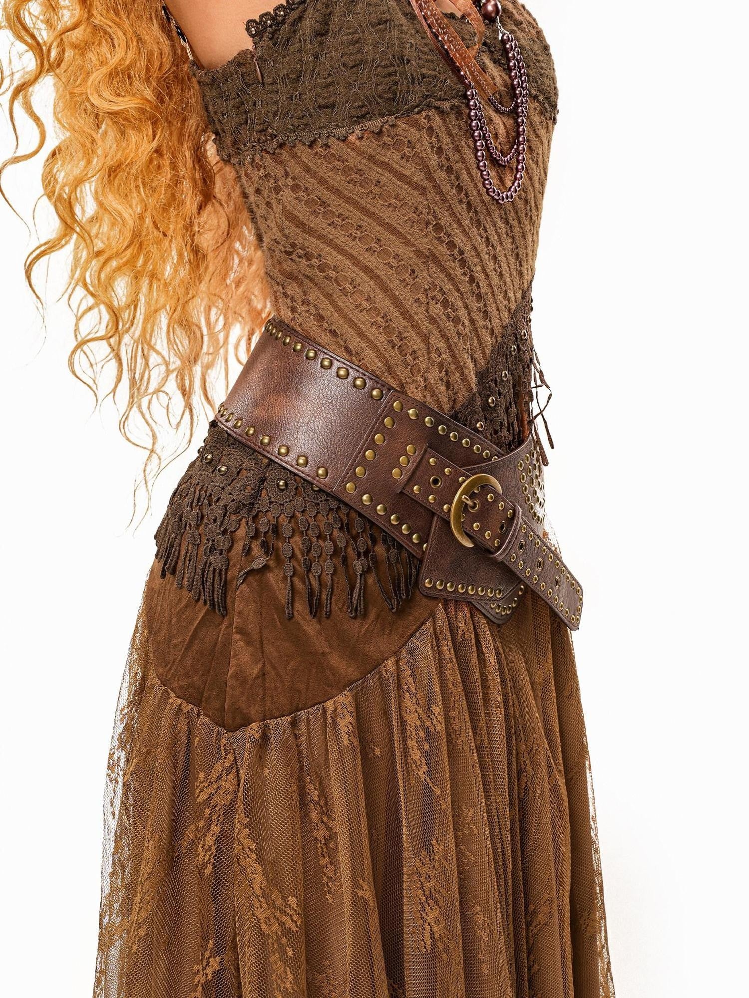 sugartiger Caramel Leopard Studded Patchwork Western Punk Women's Leather Belts