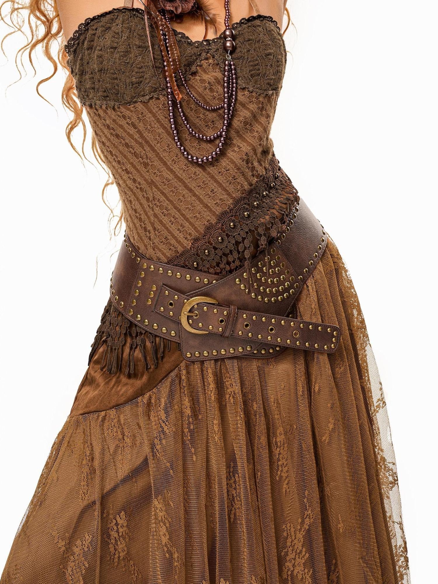 sugartiger Caramel Leopard Studded Patchwork Western Punk Women's Leather Belts