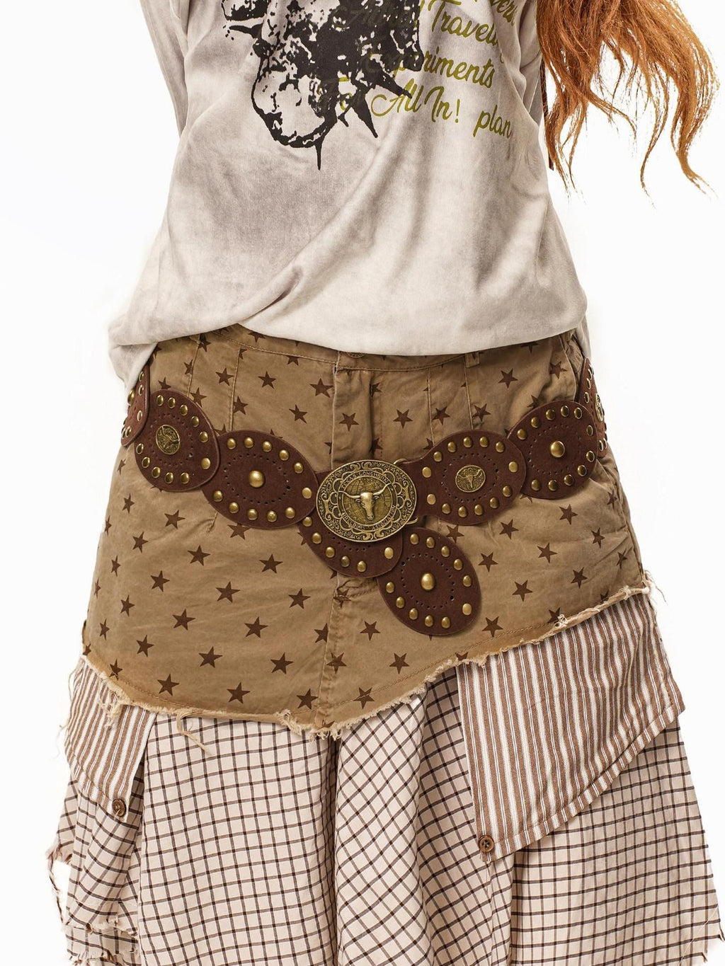 sugartiger Caramel Leopard Studded Tribal Oval Plate Wide Women's Belts