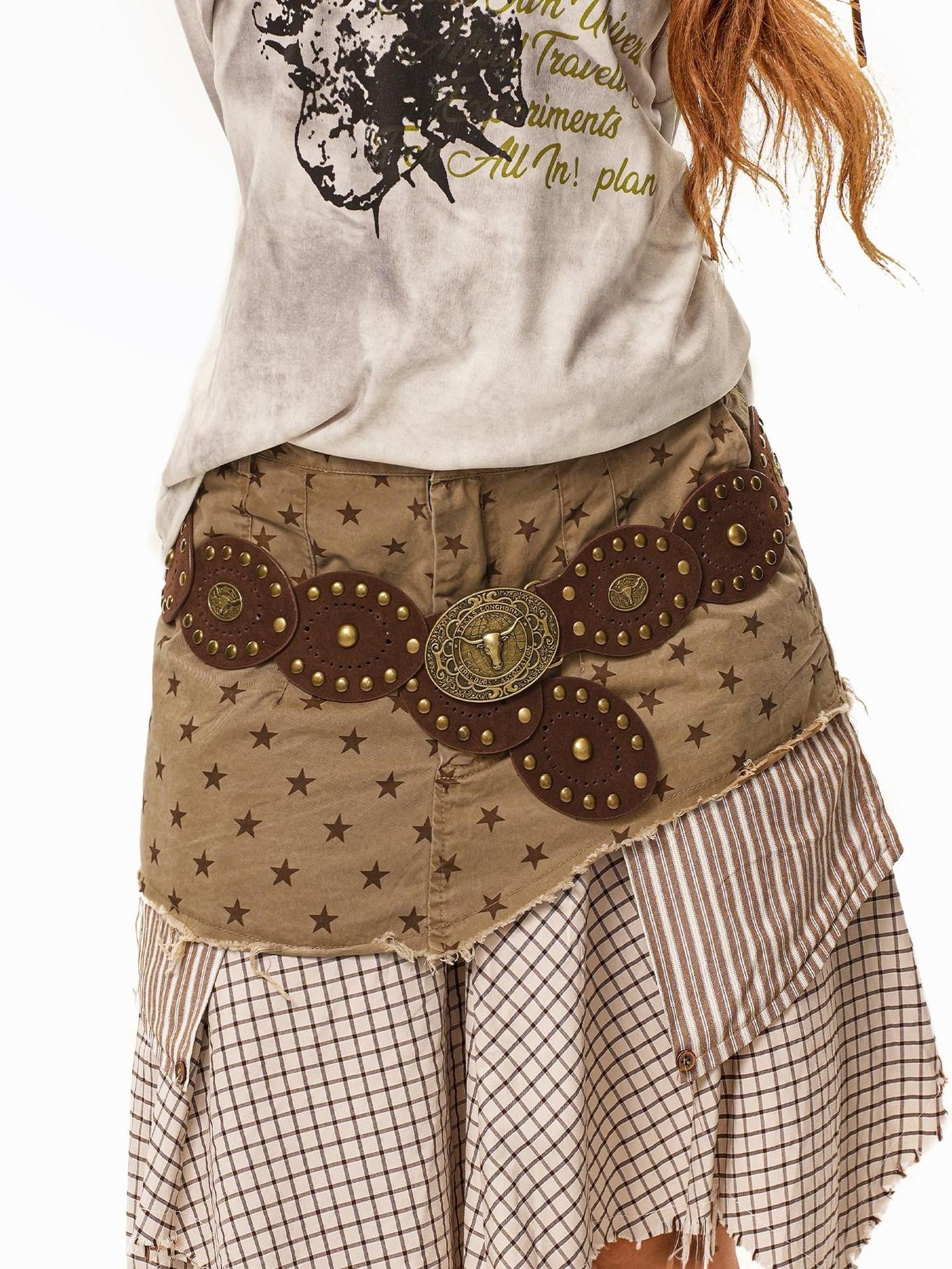 sugartiger Caramel Leopard Studded Tribal Oval Plate Wide Women's Belts
