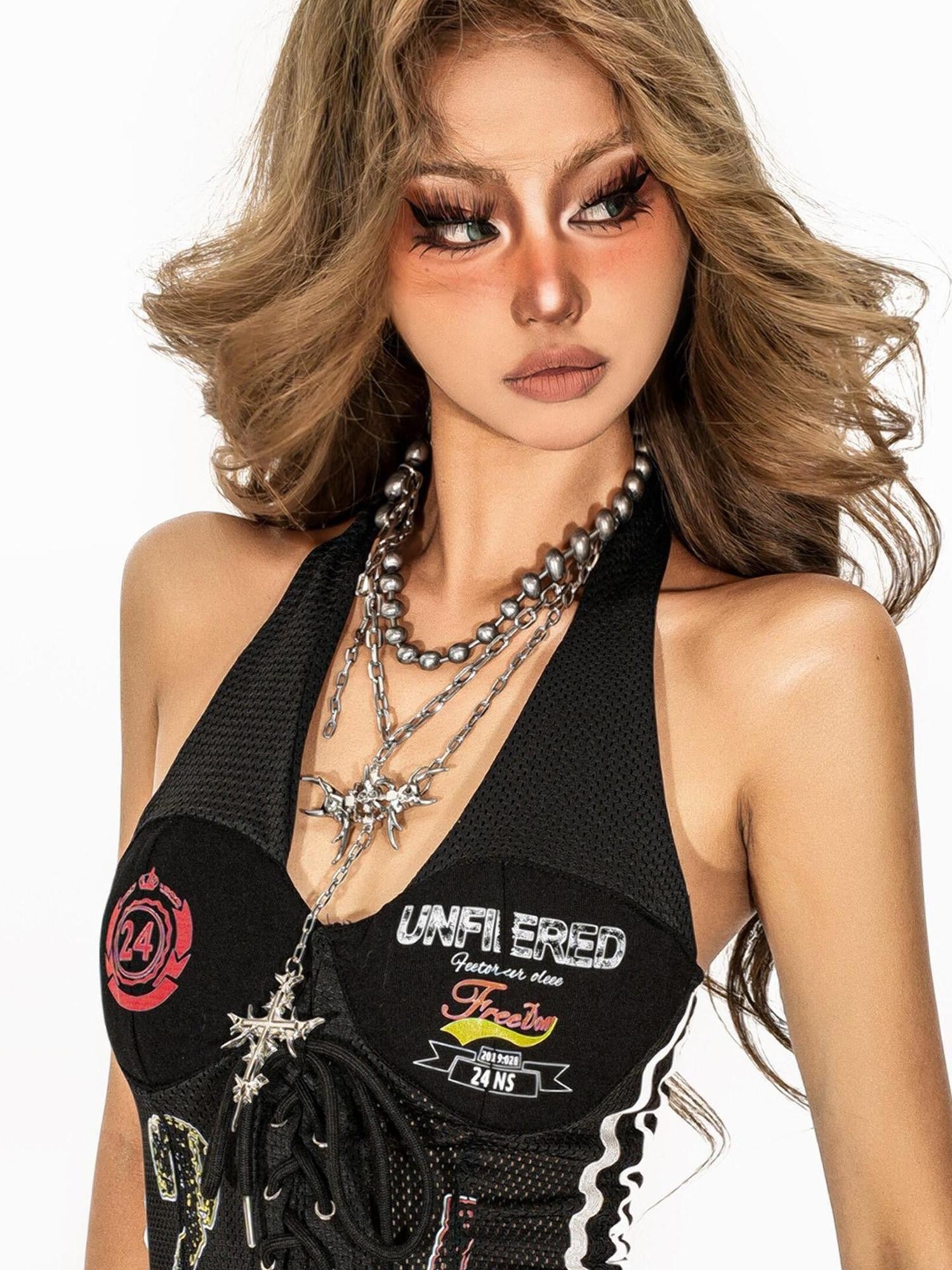 sugartiger Caramel Leopard Subculture Cross Heavy Embellished Y2k Women's Silver Necklaces