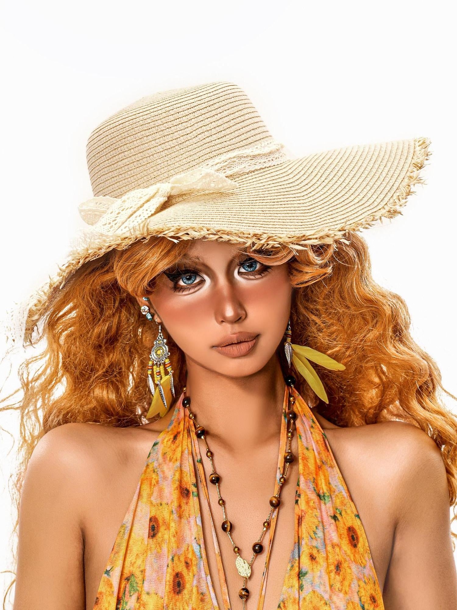 sugartiger Caramel Leopard Tassel Handwoven Wide Brim Women's Raffia Straw Sun Hats