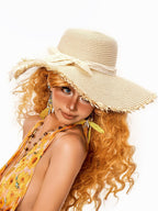 sugartiger Caramel Leopard Tassel Handwoven Wide Brim Women's Raffia Straw Sun Hats