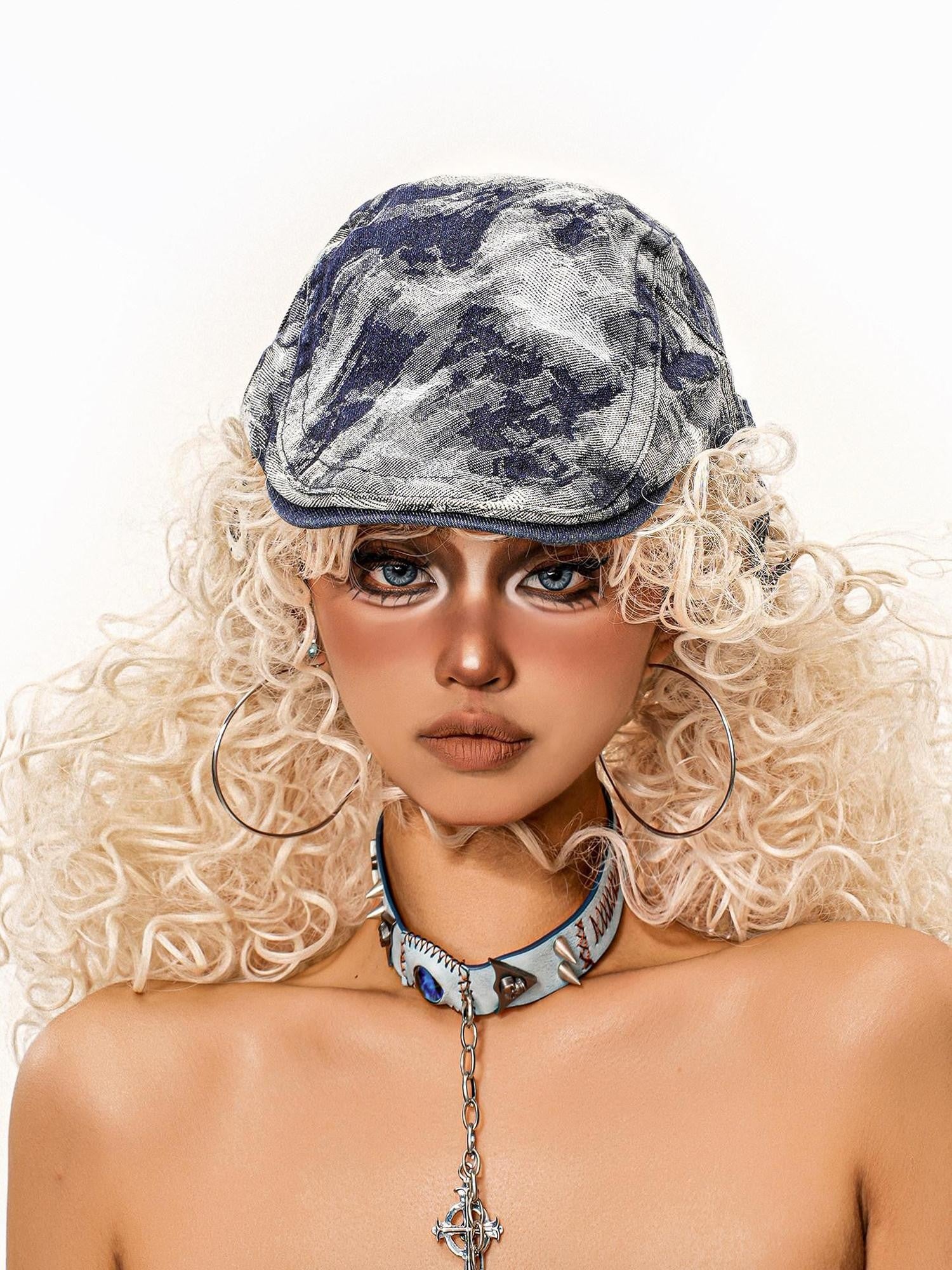sugartiger Caramel Leopard Tie Dye Distressed Visor Women's Denim Berets