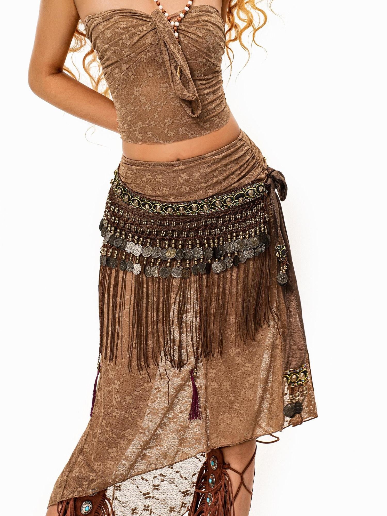 sugartiger Caramel Leopard Tribal Tassel Patchwork Bellychain Women's Bronze Belts