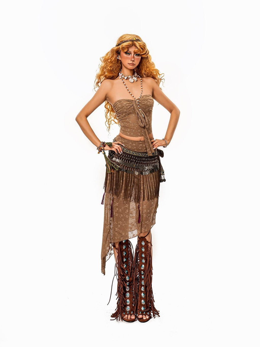 sugartiger Caramel Leopard Tribal Tassel Patchwork Bellychain Women's Bronze Belts