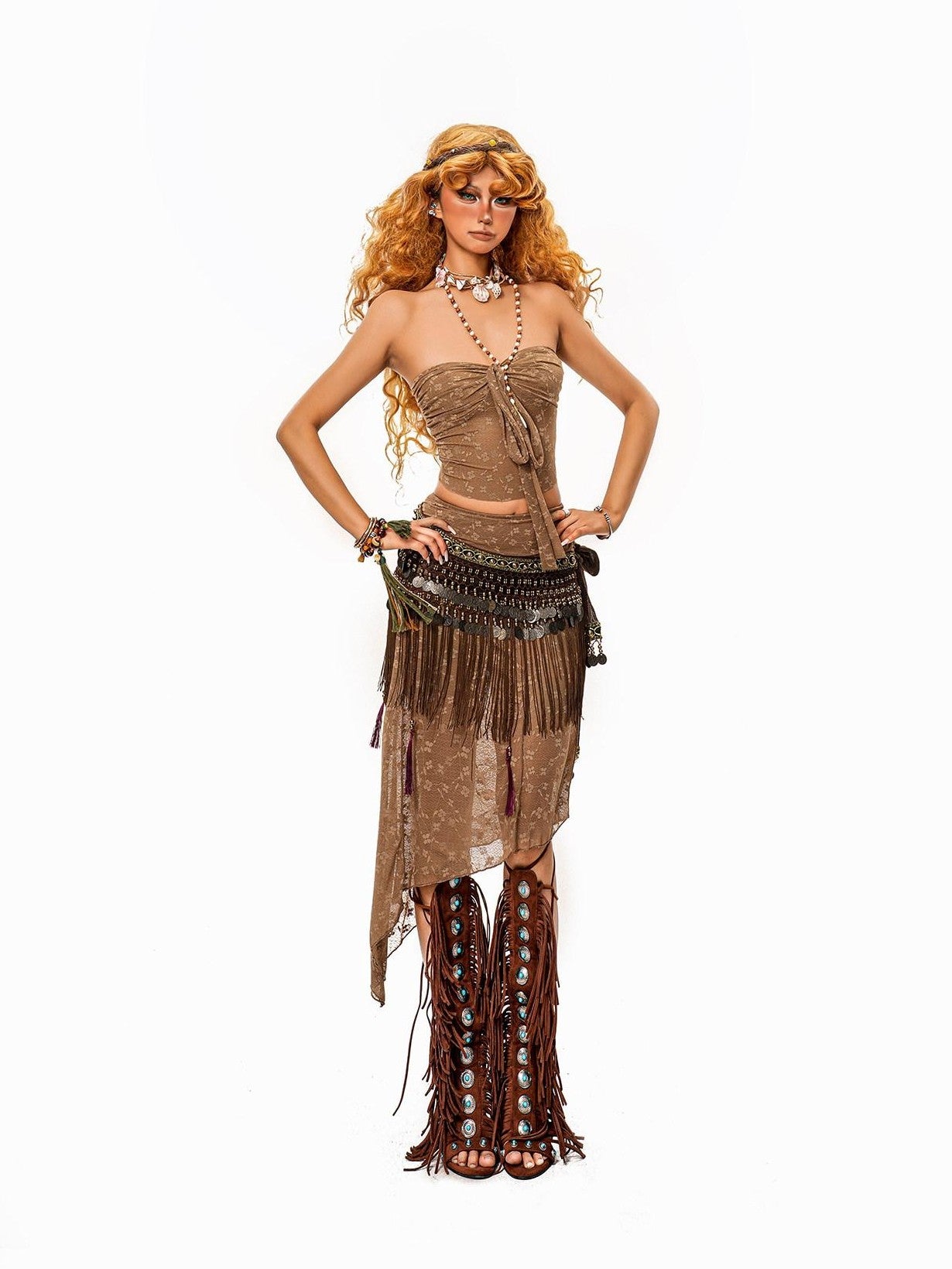 sugartiger Caramel Leopard Tribal Tassel Patchwork Bellychain Women's Bronze Belts