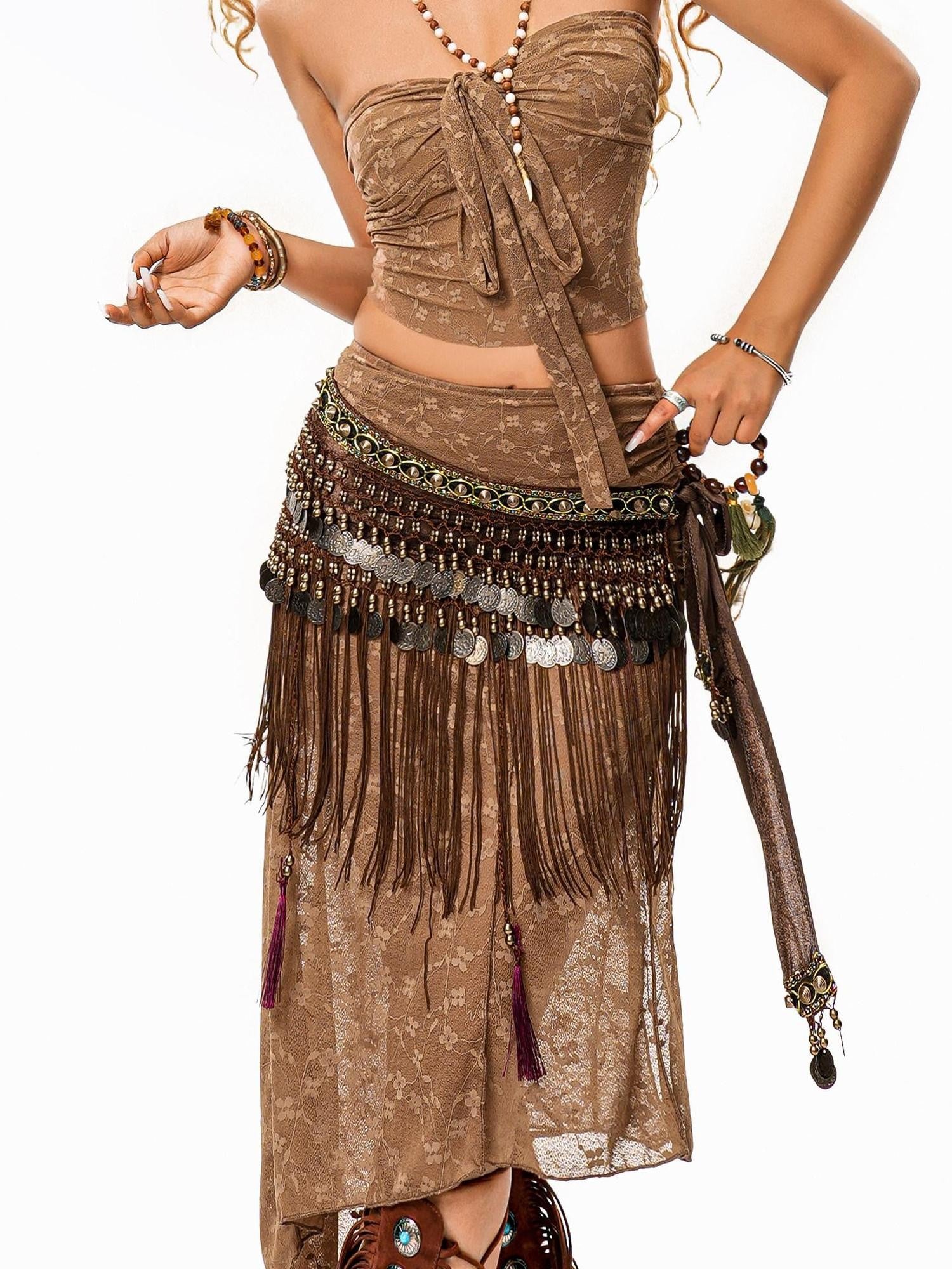 sugartiger Caramel Leopard Tribal Tassel Patchwork Bellychain Women's Bronze Belts