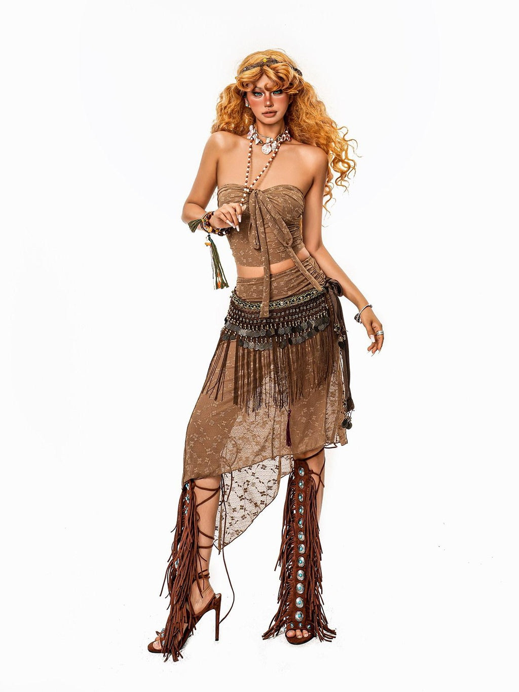 sugartiger Caramel Leopard Tribal Tassel Patchwork Bellychain Women's Bronze Belts