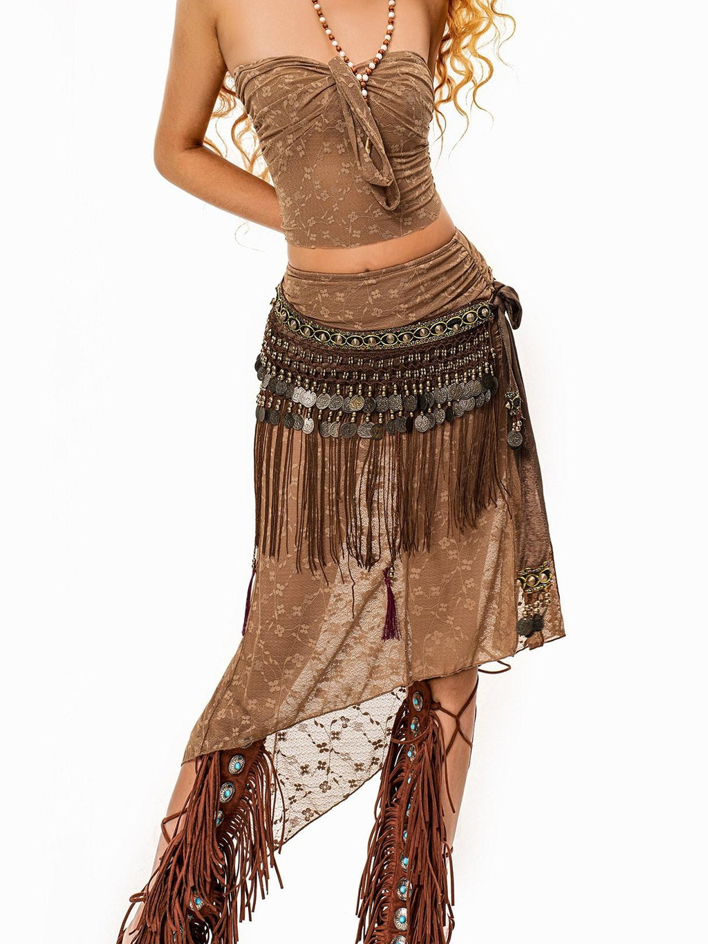 sugartiger Caramel Leopard Tribal Tassel Patchwork Bellychain Women's Bronze Belts