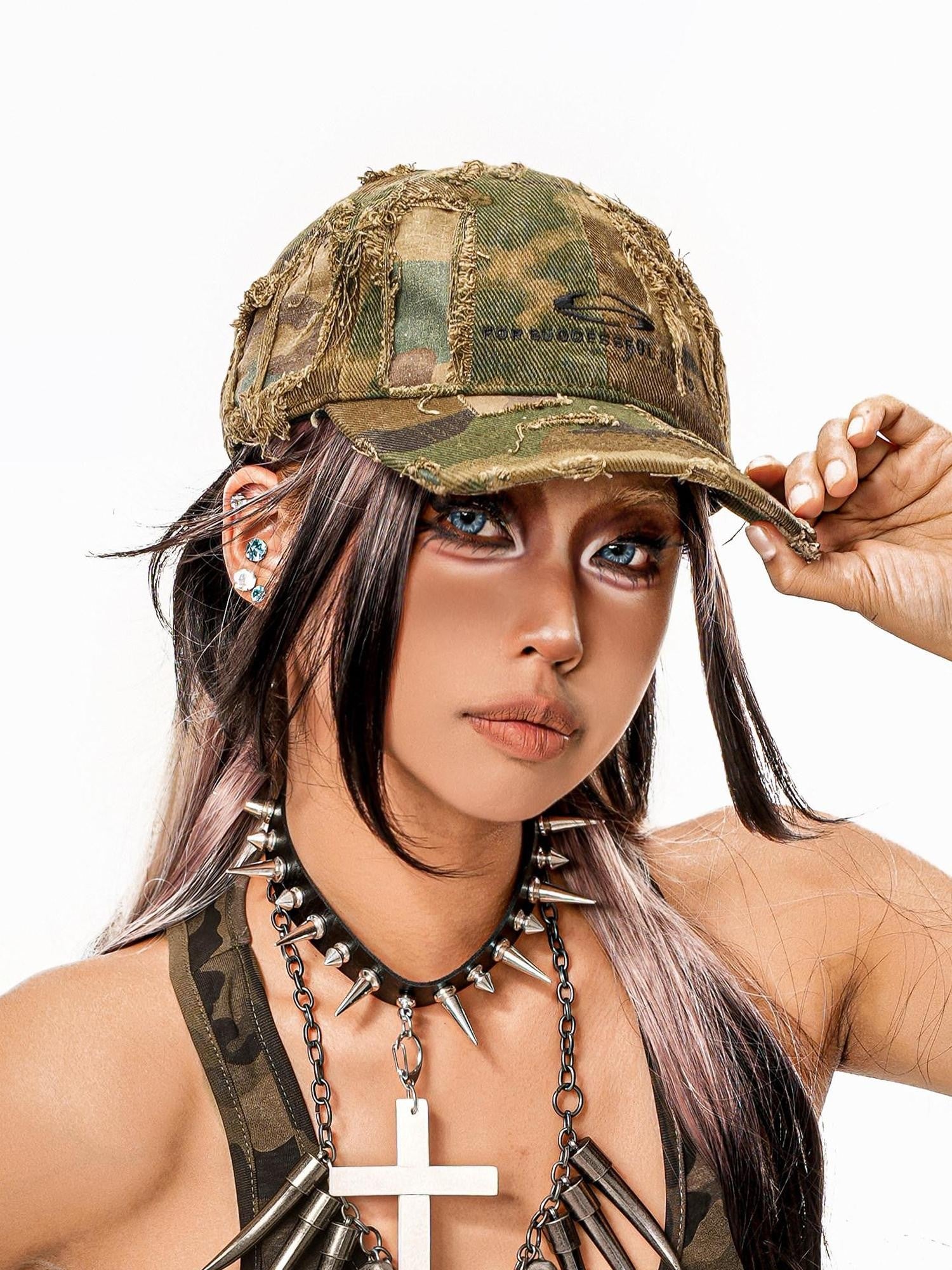 sugartiger Caramel Leopard Vintage Camo Distressed Ripped Women's Denim Baseball Caps