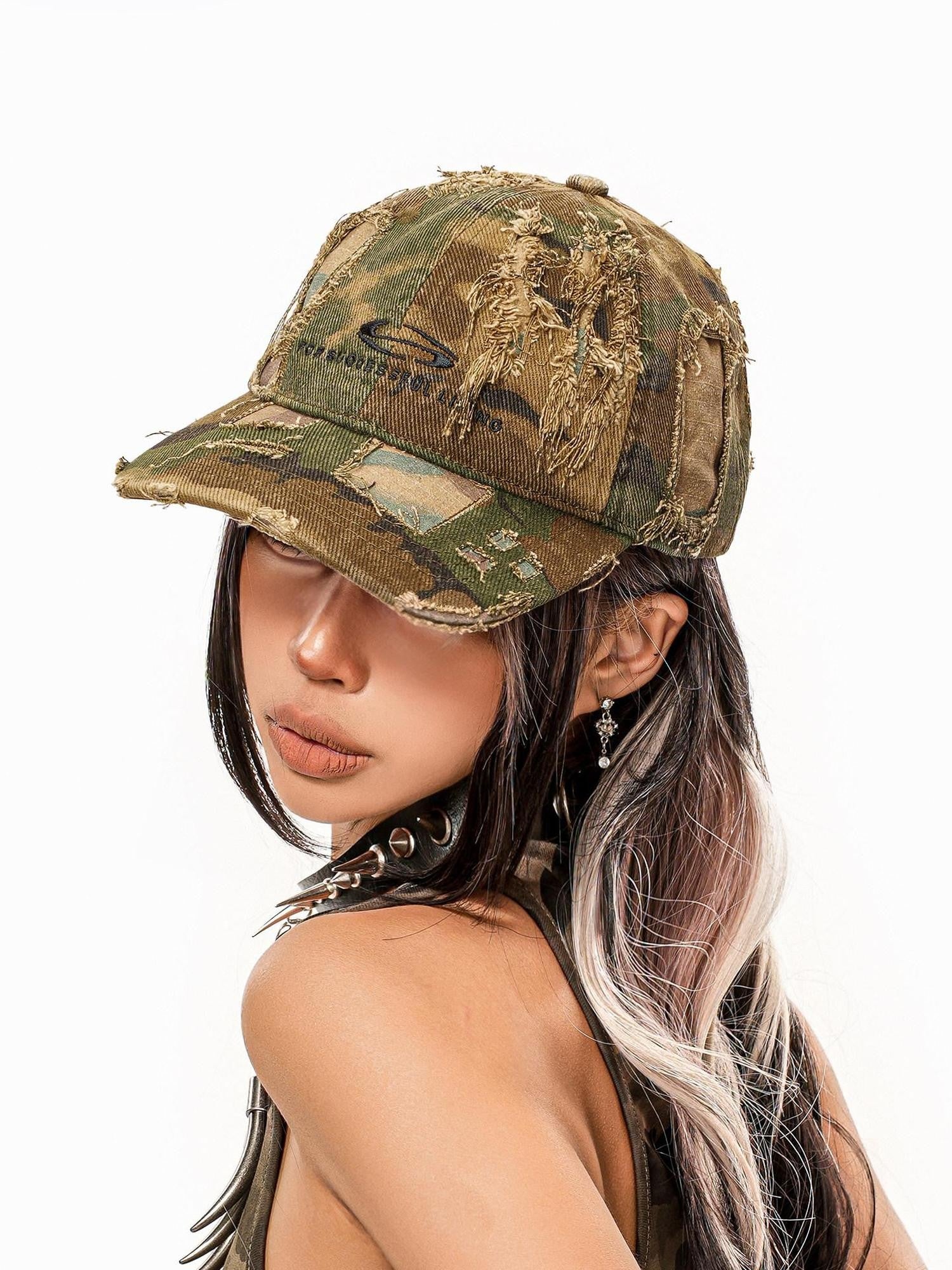 sugartiger Caramel Leopard Vintage Camo Distressed Ripped Women's Denim Baseball Caps